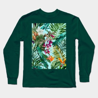 Elegant Tropical floral leaves and foliage botanical illustration, botanical pattern, tropical plants, baby blue leaves pattern over a T-Shirt Long Sleeve T-Shirt